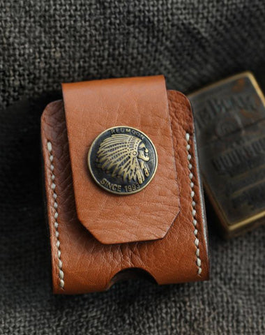 Cool Light Brown Handmade Leather Mens Zippo Lighter Case With Belt Loop Lighter Holders For Men