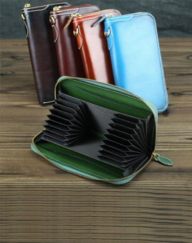 Green Mens Leather Cards Long Wallets Lot of Cards Black Zipper Long Wallet Cards Wallet for Men