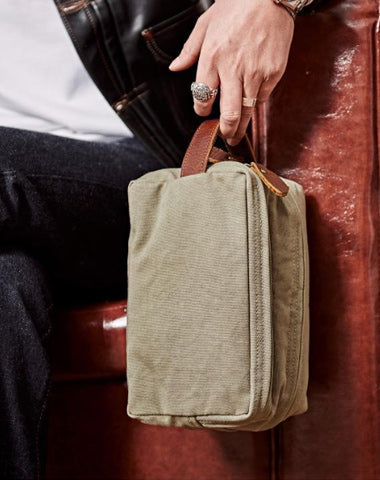 Large Canvas Leather Mens Clutch Bags Zipper Green Wristlet Bag Canvas Purse for Men