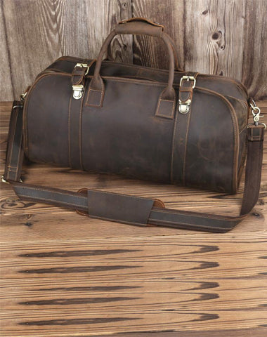 Vintage Leather Mens Dark Brown Large Weekender Bag Vintage Cool Travel Bag Duffle Bag for Men
