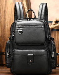 Black Leather Men's 14 inches Large Computer Backpack Large Black Travel Backpack Black Large College Backpack For Men