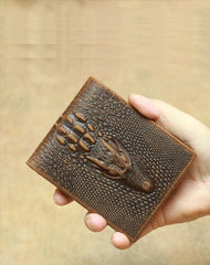 Cool Brown Crocodile Pattern Leather Bifold Small Wallet Leather Mens Brown Billfold Small Wallet Front Pocket Wallet For Men