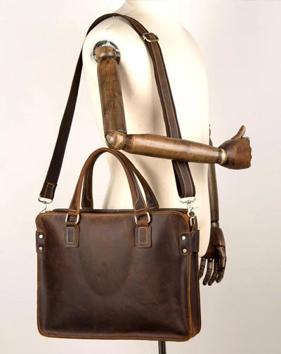 Vintage Brown Leather Mens 14 inches Briefcase Laptop Briefcase Business Bags Work Bags for Men