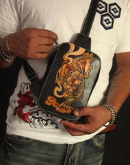 Cool Handmade Tooled Leather Tang Lion Sling Bag Chest Bag One Shoulder Backpack For Men