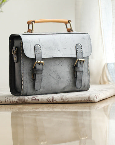 Womens Gray Leather Small Satchel Bag Waxed Leather Cambridge Small Handbag Shoulder Bag Purse for Women