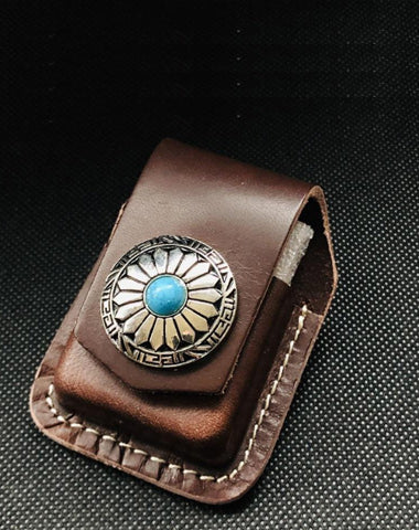 Coffee Handmade Leather Mens Floral Zippo Lighter Holders Lighter Case For Men