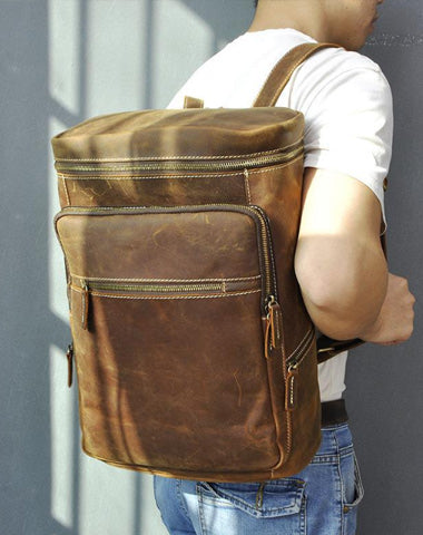 Brown Leather Men's 14 inches Large Barrel Computer Backpack Cylinder Travel Backpack Large College Backpack For Men