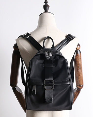 Girl Black Nylon Leather Satchel Rucksacks Womens School Backpack Purse Nylon Leather Travel Rucksack for Ladies