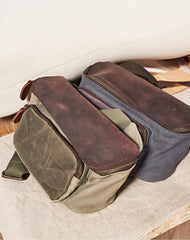 Vintage Canvas Green Leather Mens Fanny Pack Canvas Waist Bags Canvas Hip Pack for Men