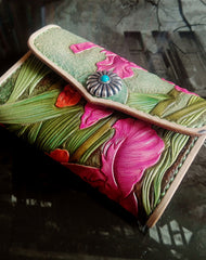 Handmade Green Womens tooled Leather Iris Flower Change Wallet Card Wallet Coin Holder for Women