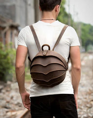 Dark Brown Unique Mens Leather 10-inch Small Backpacks Cool Beetle Backpacks Round Backpack for men