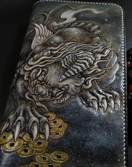 Badass Black Leather Men's Chinese Monster Long Biker Wallet Handmade Tooled Zipper Long Wallets For Men