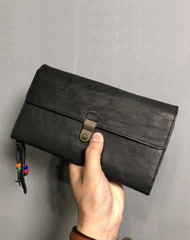 Genuine Leather Mens Clutch Cool Slim Wallet Passport Travel Clutch Wristlet Wallet for Men