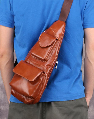 Dark Brown MENS LEATHER One Shoulder Backpack Sling Bag Coffee Chest Bag For Men