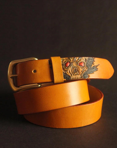 Cool Handmade Yellow Brown Skull Tooled Leather Mens Belt Carved Leather Belt for Men
