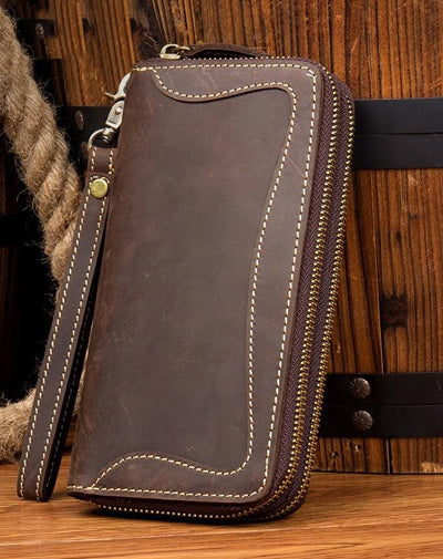 Cool Dark Brown Mens long Wallet Wristlet Wallet Clutch Wallet Yellow Brown Long Wallets for Men