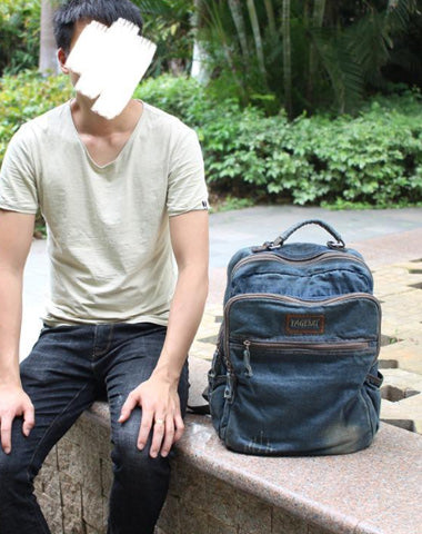 Denim Blue Mens 16 inches Backpack Multifunctional Backpack Jean Travel Backpack For Men