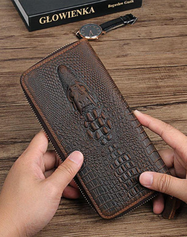 Cool Crocodile Pattern Brown Mens Leather Long Wallet Bifold Zip Long Wallet for Men
