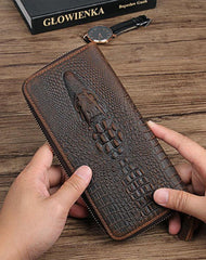 Cool Crocodile Pattern Brown Mens Leather Long Wallet Bifold Zip Long Wallet for Men