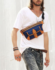 Casual Blue Nylon Leather Fanny Pack Men's Chest Bag Hip Bag Waist Bag For Men