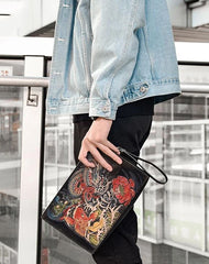 Handmade Black Tooled Dragon Carp Leather Clutch Wristlet Bag Messenger Bag Side Bag For Men