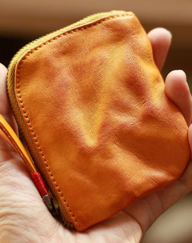 Vintage Slim Tan Leather Mens Coin Wallet Zipper Coin Holder Change Pouch For Men