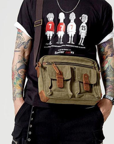 Fashion Canvas Leather Mens Khaki Side Bag Messenger Bags Army Green Canvas Courier Bag for Men