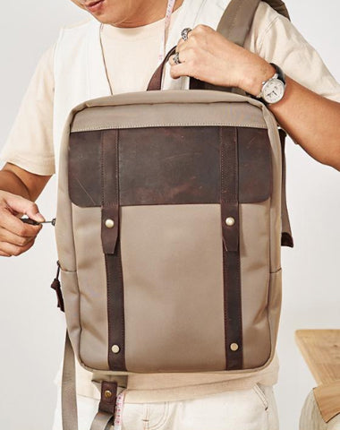 Canvas Leather Mens Backpack Canvas Khaki Travel Backpack Laptop Satchel Backpack for Men