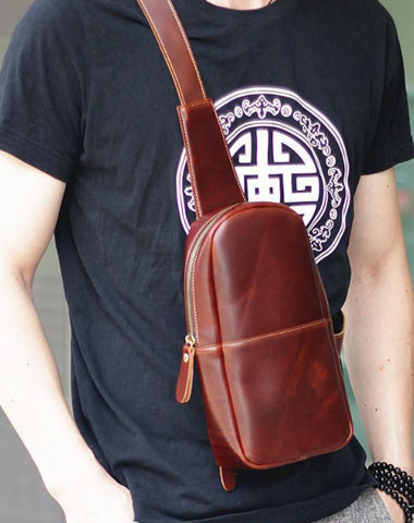 Brown Cool Leather Mens Sling Bag Chest Bag Brown Sling Pack For Men