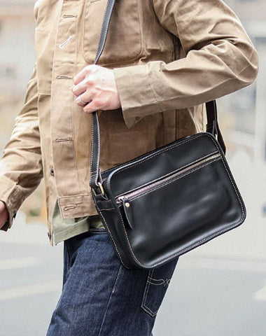 Black Leather Mens Casual Small Courier Bags Messenger Bag Coffee Brown Postman Bag For Men
