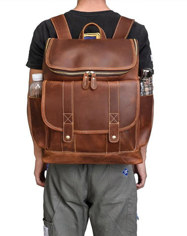 Cool Brown Mens Leather 15 inches Large School Computer Backpack Dark Brown Laptop Travel Backpack for Men