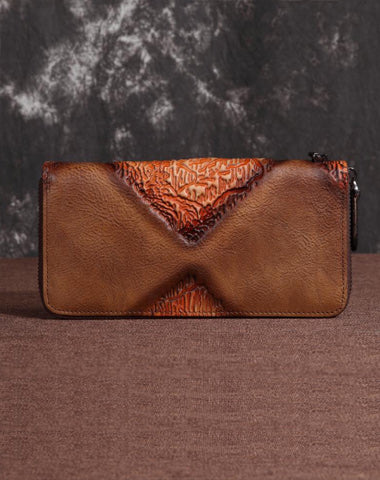 Brown Vintage Wallet Leather Mens Womens Tooled Long Wallet Zipper Black Clutch Wallet For Men
