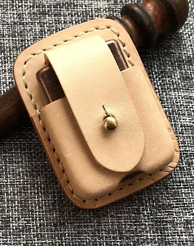 Mens Beige Leather Classic Handmade Zippo Lighter Cases Tan Zippo Lighter Holder with Belt Clip