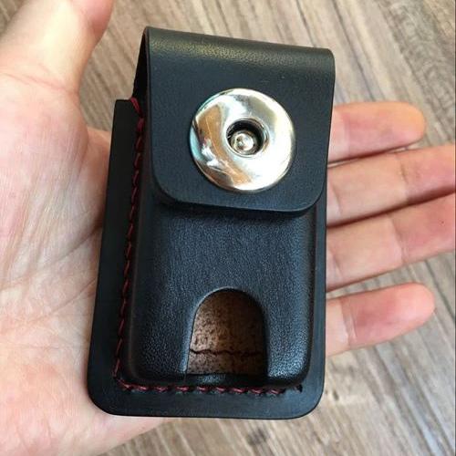 Black Handmade Leather Mens Slim Zippo Lighter - Back View