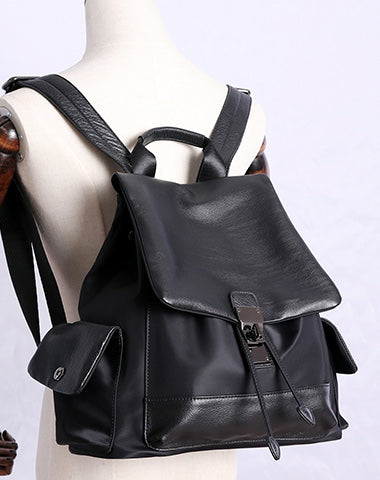 Girl Black Nylon Leather Satchel Rucksack Womens School Backpacks Purse Nylon Leather Travel Rucksack for Ladies