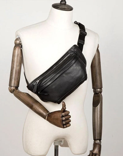 Cool Black Leather Fanny Pack Mens Waist Bag Hip Pack Black Belt Bags Bumbag for Men