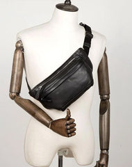 Cool Black Leather Fanny Pack Mens Waist Bag Hip Pack Black Belt Bags Bumbag for Men