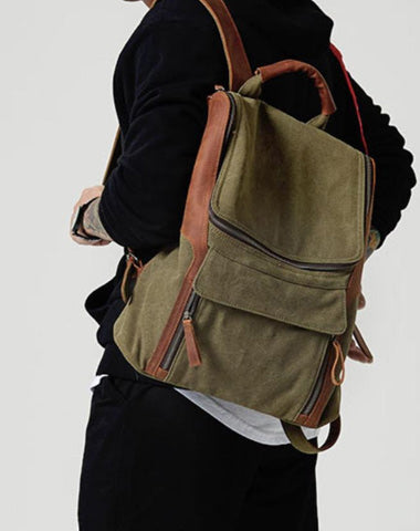 Fashion Canvas Leather Mens Large Army Green Backpack School Backpack Canvas Travel Backpack For Men