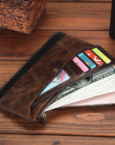 Vintage Coffee Mens Slim Leather Long Wallet One Slim Clutch Wallet for Men