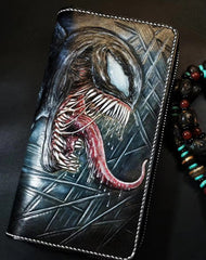 Badass Black Leather Men's Venom Long Biker Wallet Handmade Tooled Zipper Long Wallets For Men