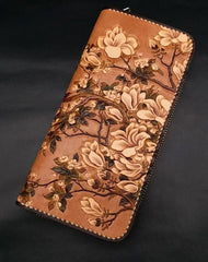 Handmade White Flowers Magnolia denudata Tooled Leather Womens Long Wallet Zipper Clutch For Women