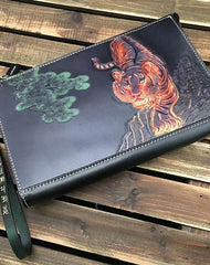 Black Handmade Tooled Leather Tiger Clutch Wallet Wristlet Bag Clutch Purse For Men