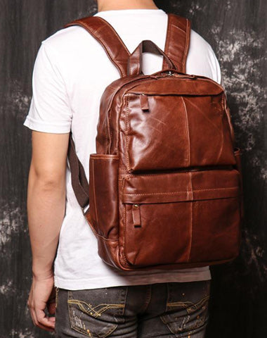 Brown Leather Men's 15 inches Computer Backpack Travel Backpack Brown Laptop College Backpack For Men