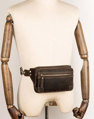 Cool Dark Brown Leather Mens Fanny Pack Waist Bag Hip Pack Belt Bags Bumbags for Men