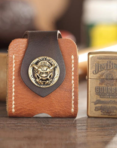 Handmade Brown Leather Mens Armor Zippo Lighter Cases With Belt Loop Zippo Standard Lighter Holders For Men