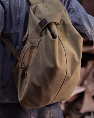 Khaki Canvas Mens Large Backpack Travel Backpack Canvas Barrel Backpack Bucket Backpack For Men