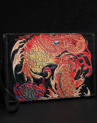 Black Handmade Tooled Leather Carp Toad Clutch Wallet Wristlet Bag Clutch Purse For Men