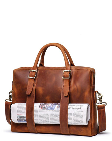 Brown Leather Mens 15 inches Simple Laptop Work Bag Handbag Briefcase Shoulder Bags Business Bags For Men