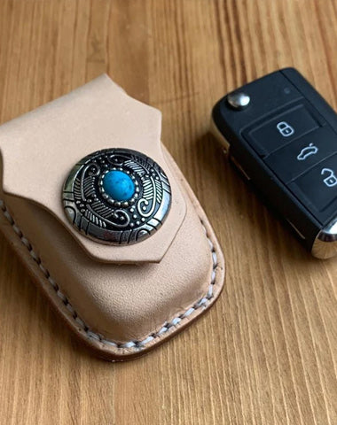 Handmade Beige Leather Mens Volkswagen Golf Car Key Case Car Key Holder with Belt Loop/Belt Clip
