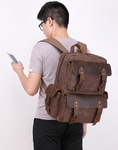 Cool Leather Mens 14 inches Brown Backpack Large Cool Vintage Large Travel Backpack for Men